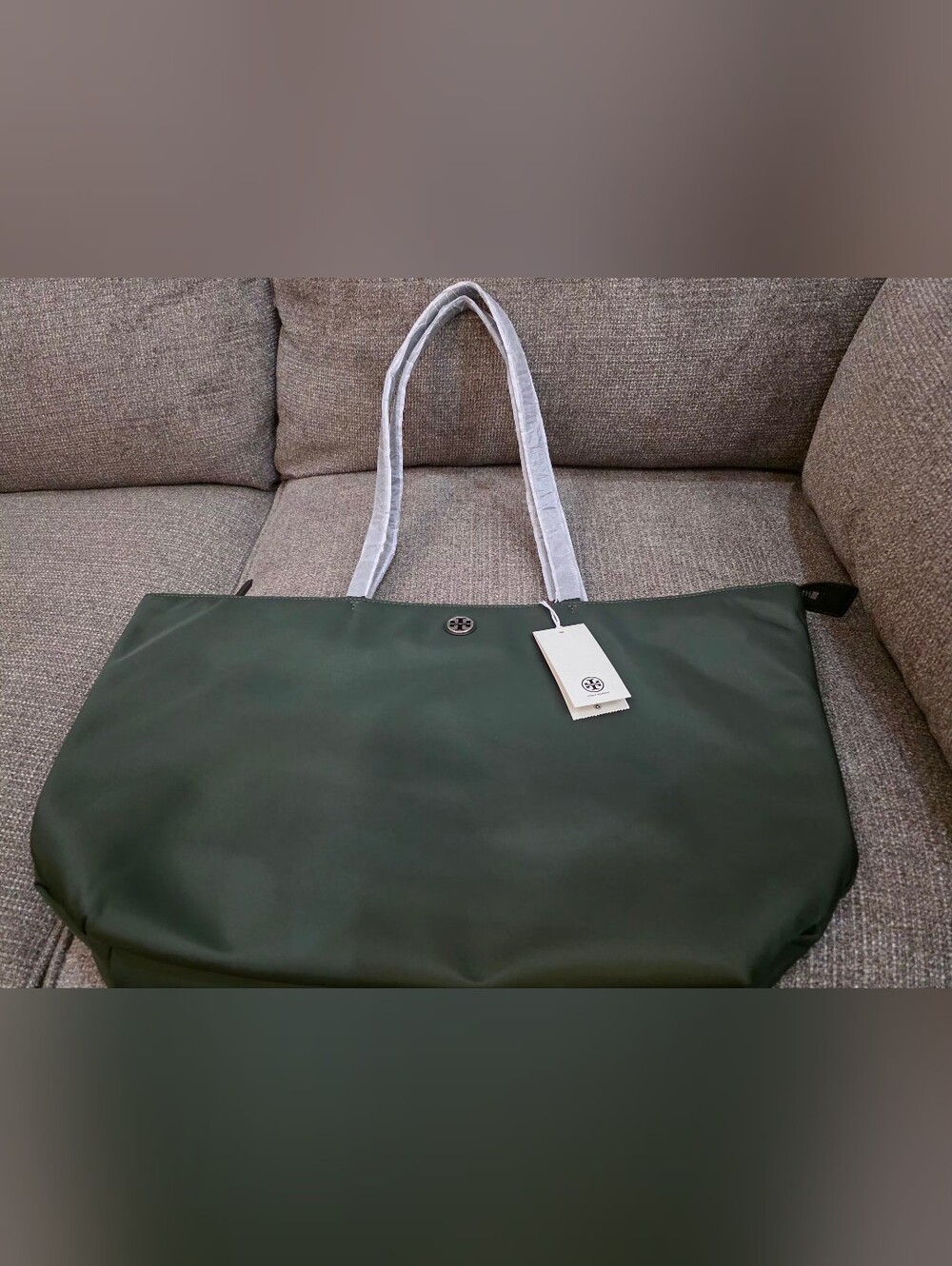 Tory Burch Dark Green Nylon Tote with Light Handles